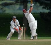 Wadebridge batsman Neil Richards is clean bowled by Gorran's Jack Bray-Smith. Gorran Wicket keeper is Robin Kendall.